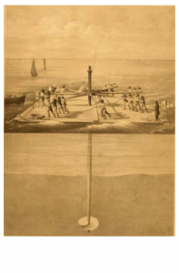 Lithograph depicting screw pile installation by hand in open water.